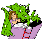 Dibujo Dragón, chica y libro pintado por maestra