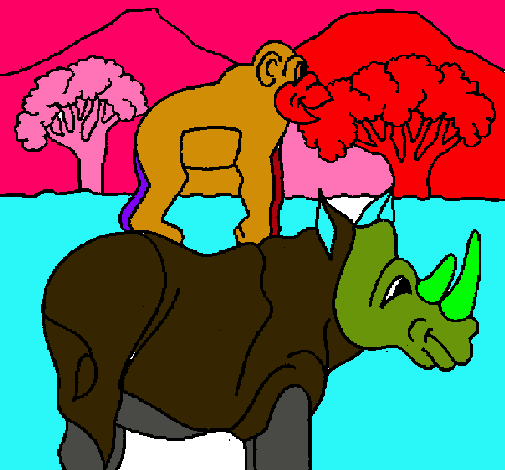 Rinoceronte y mono