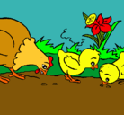 Dibujo Gallina y pollitos pintado por Mica