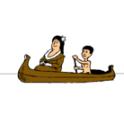 Dibujo Madre e hijo en canoa pintado por mataco