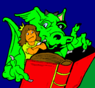 Dibujo Dragón, chica y libro pintado por MARIO