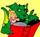 Dibujo Dragón, chica y libro pintado por Meg