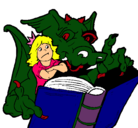 Dibujo Dragón, chica y libro pintado por cristina