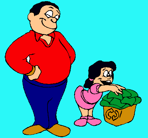 Padre e hija reciclando