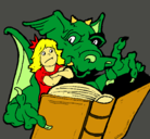 Dibujo Dragón, chica y libro pintado por fanny