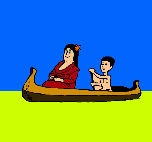 Madre e hijo en canoa