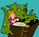 Dibujo Dragón, chica y libro pintado por esther