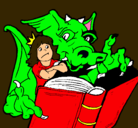 Dibujo Dragón, chica y libro pintado por eldragonynina