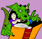 Dibujo Dragón, chica y libro pintado por hormiga