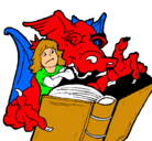 Dibujo Dragón, chica y libro pintado por facundo