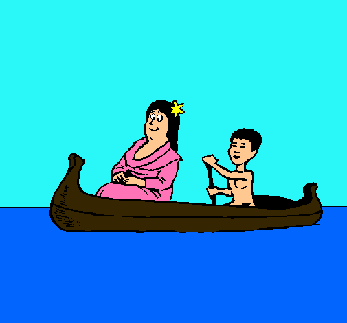 Madre e hijo en canoa