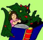 Dibujo Dragón, chica y libro pintado por Denis