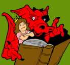 Dibujo Dragón, chica y libro pintado por blanka