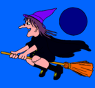 Dibujo Bruja en escoba voladora pintado por halloween