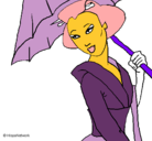 Dibujo Geisha con paraguas pintado por palomino