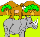 Dibujo Rinoceronte y mono pintado por dino