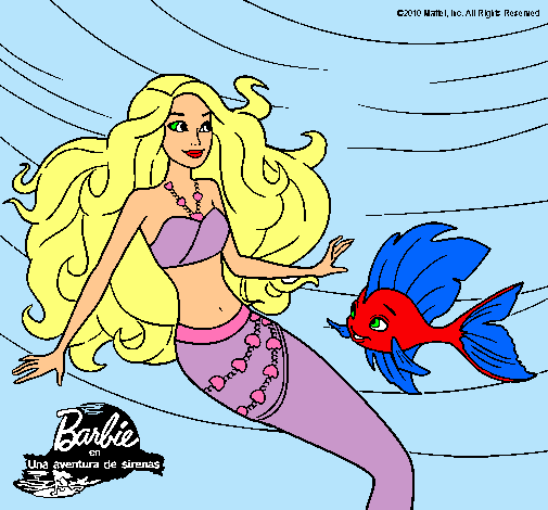 Dibujo Barbie sirena con su amiga pez pintado por jrbernad