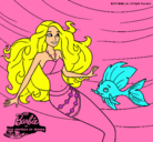 Dibujo Barbie sirena con su amiga pez pintado por mariposa