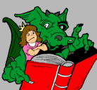 Dibujo Dragón, chica y libro pintado por robles