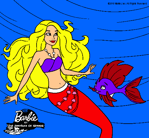 Dibujo Barbie sirena con su amiga pez pintado por Monse