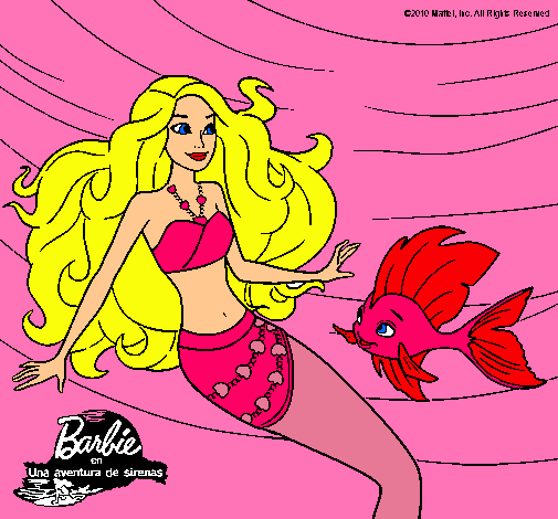 Dibujo Barbie sirena con su amiga pez pintado por pitufa