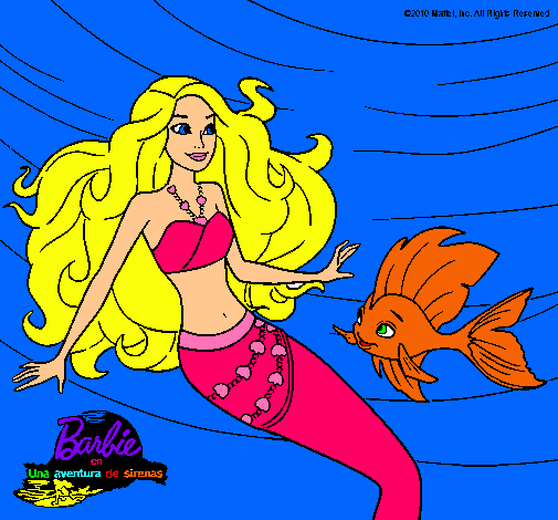 Dibujo Barbie sirena con su amiga pez pintado por rochy