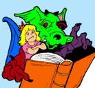 Dibujo Dragón, chica y libro pintado por changos