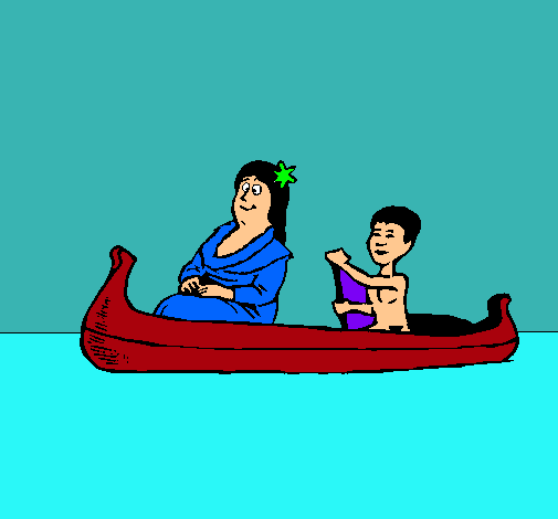 Madre e hijo en canoa