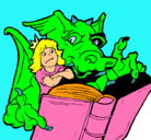 Dibujo Dragón, chica y libro pintado por saray
