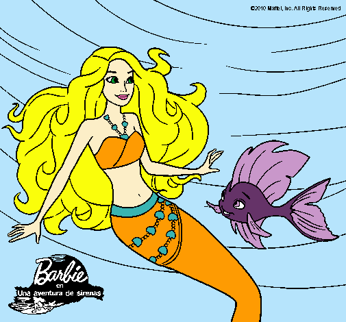 Dibujo Barbie sirena con su amiga pez pintado por princess91