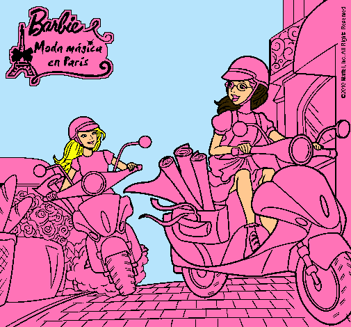 Dibujo Barbie y su amiga en moto pintado por Estel