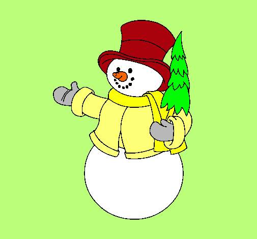 Dibujo muñeco de nieve con árbol pintado por pitia