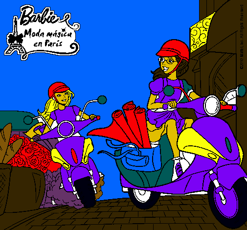 Dibujo Barbie y su amiga en moto pintado por analaaa