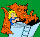 Dibujo Dragón, chica y libro pintado por amalia