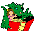 Dibujo Dragón, chica y libro pintado por evii