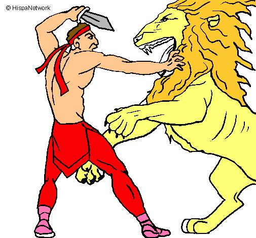 Dibujo Gladiador contra león pintado por sintesme