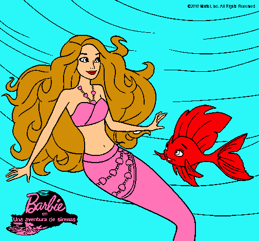 Dibujo Barbie sirena con su amiga pez pintado por miri