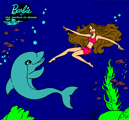 Dibujo Barbie jugando con un delfín pintado por juanito2345