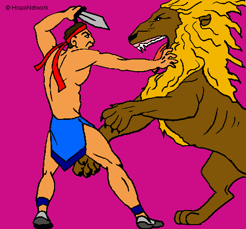 Dibujo Gladiador contra león pintado por virupa