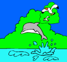 Dibujo Delfín y gaviota pintado por paisaje