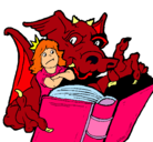 Dibujo Dragón, chica y libro pintado por fantasia