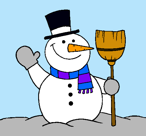 Dibujo muñeco de nieve con escoba pintado por pelusilla