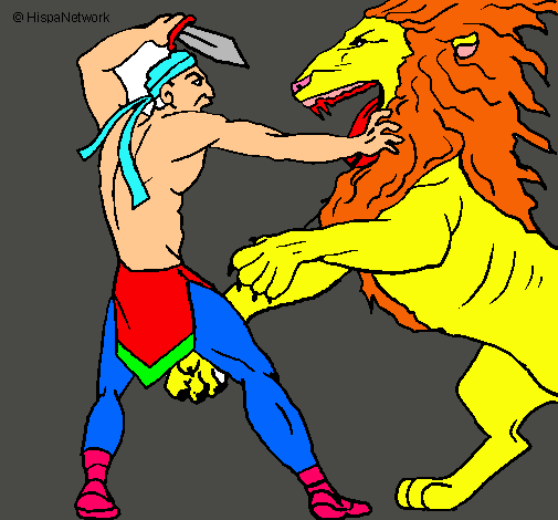 Dibujo Gladiador contra león pintado por Jairito
