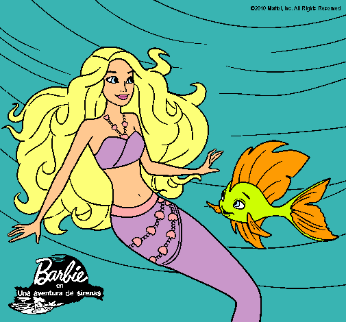 Dibujo Barbie sirena con su amiga pez pintado por Alive