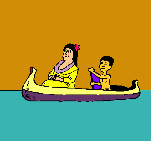 Madre e hijo en canoa