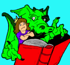 Dibujo Dragón, chica y libro pintado por leal