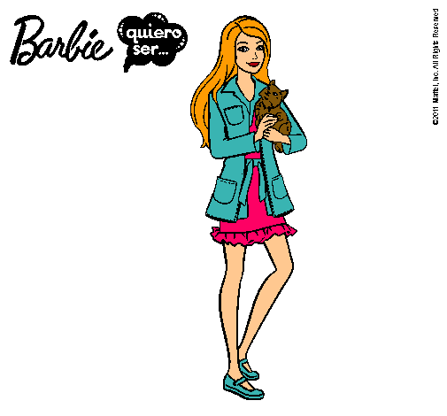 Dibujo Barbie con un gatito pintado por yole