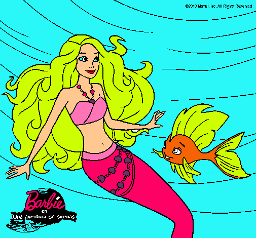 Dibujo Barbie sirena con su amiga pez pintado por dianaeliza