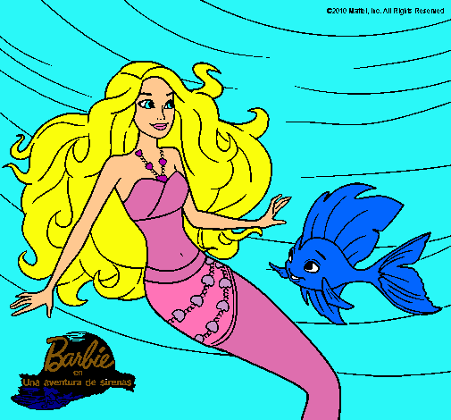 Dibujo Barbie sirena con su amiga pez pintado por jes483