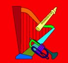 Dibujo Arpa, flauta y trompeta pintado por instrumentos